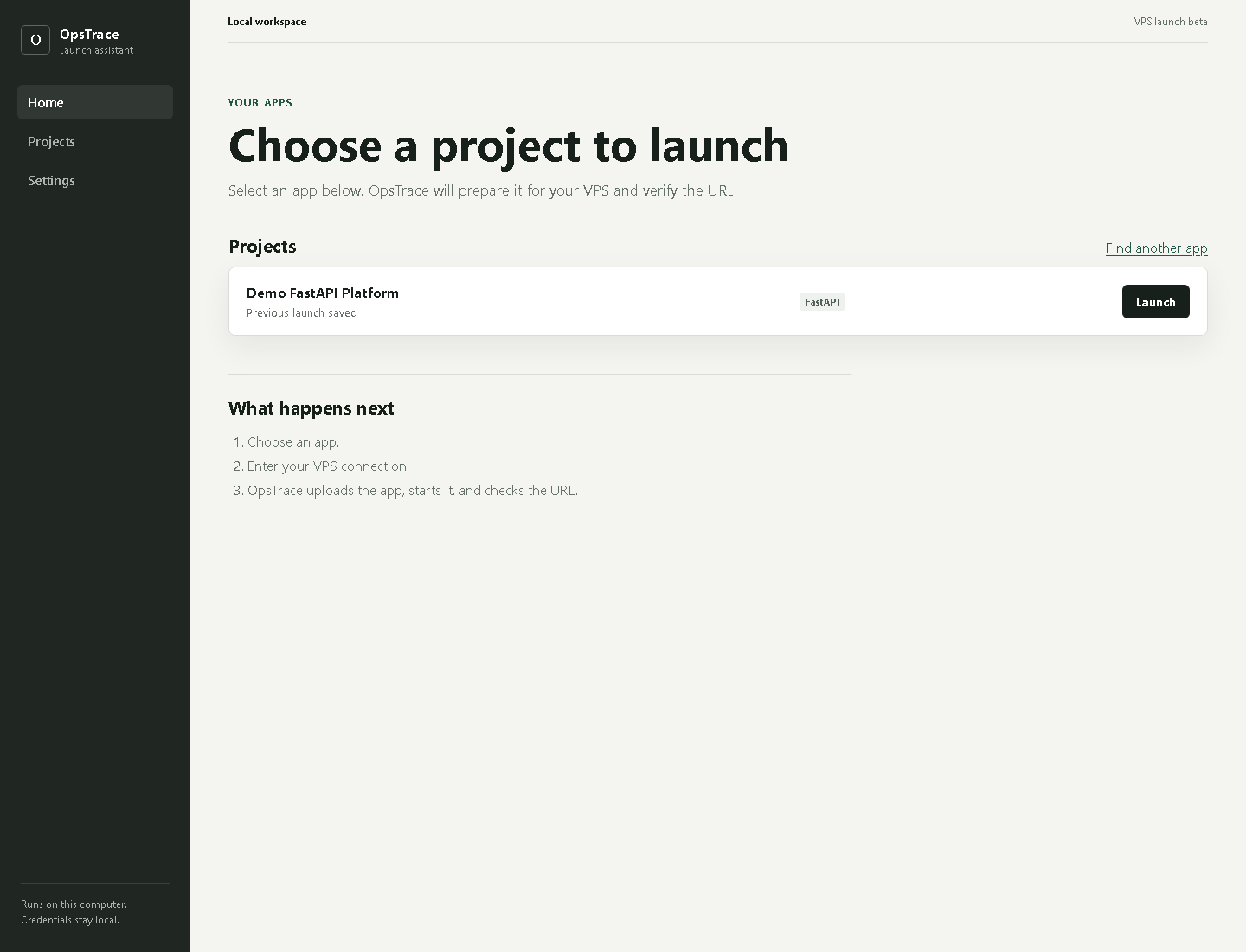 OpsTrace showing projects found in a local work folder
